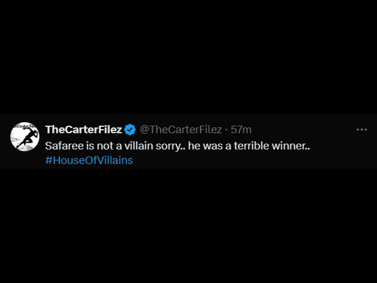 A House of Villains fan reacts to Safaree&#039;s win (Image via X/@TheCarterFilez)