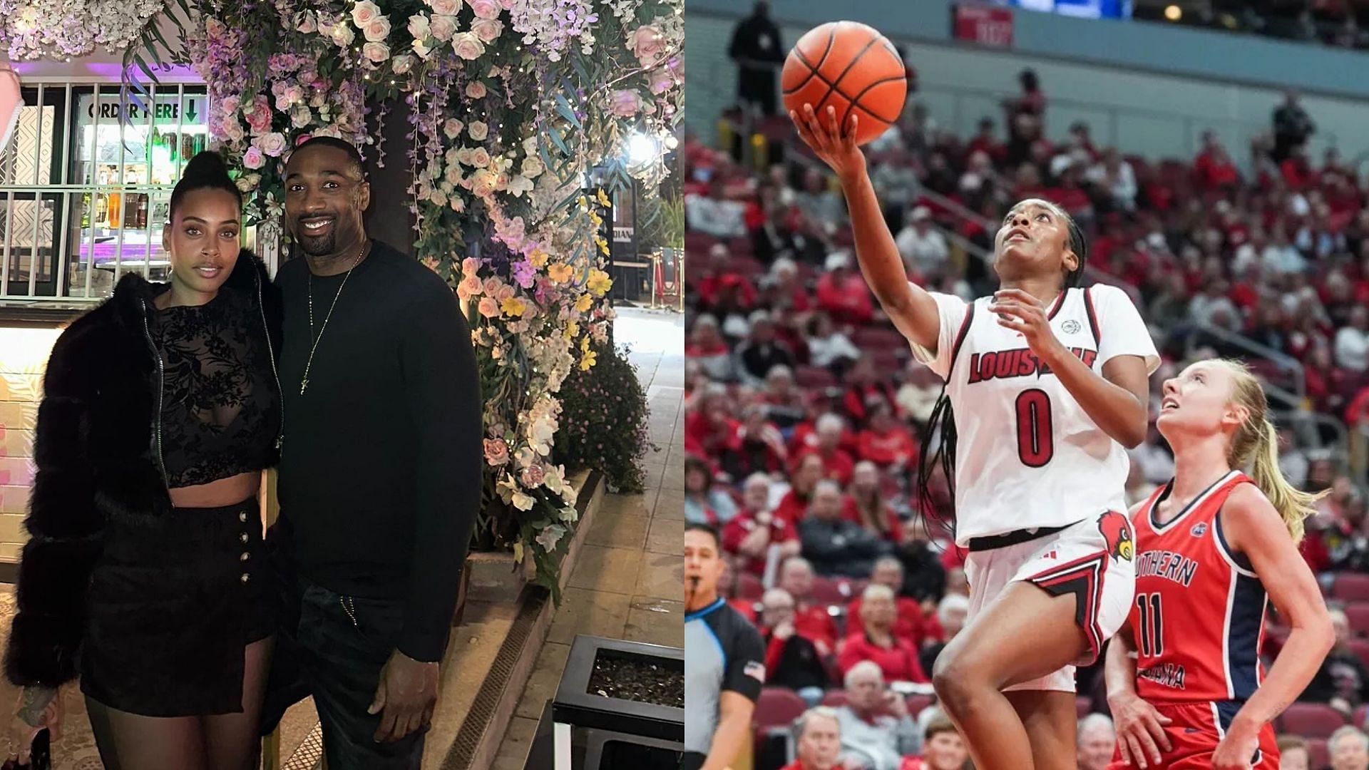 Former NBA player Gilbert Arenas alongside his fianc&eacute; Melli Monaco, Louisville Cardinals Izela Arenas takes a shot.. Photo Credits: Melli Monaco