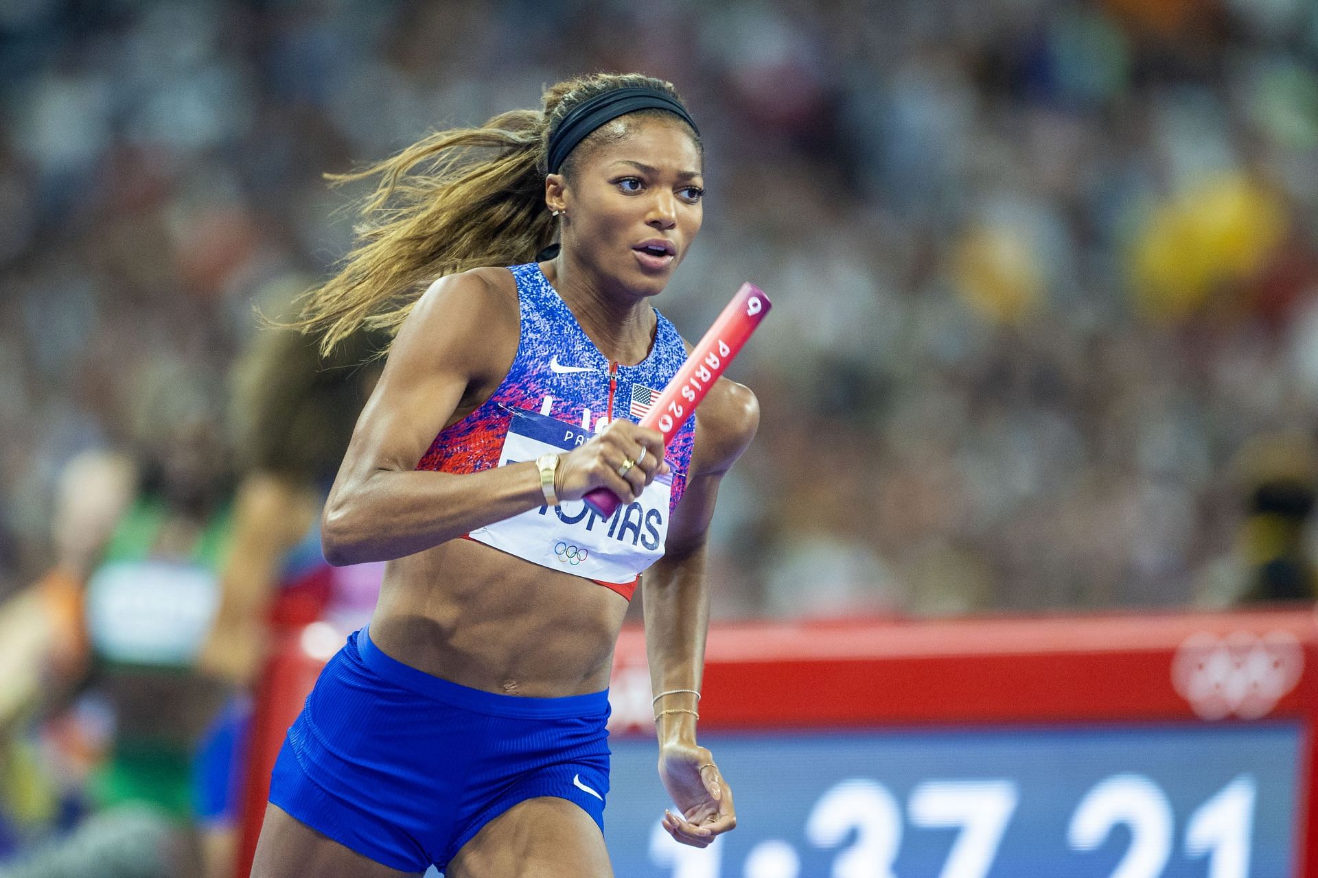 Gabby Thomas at Paris Olympics. (Photo by Tim Clayton/Corbis via Getty Images)