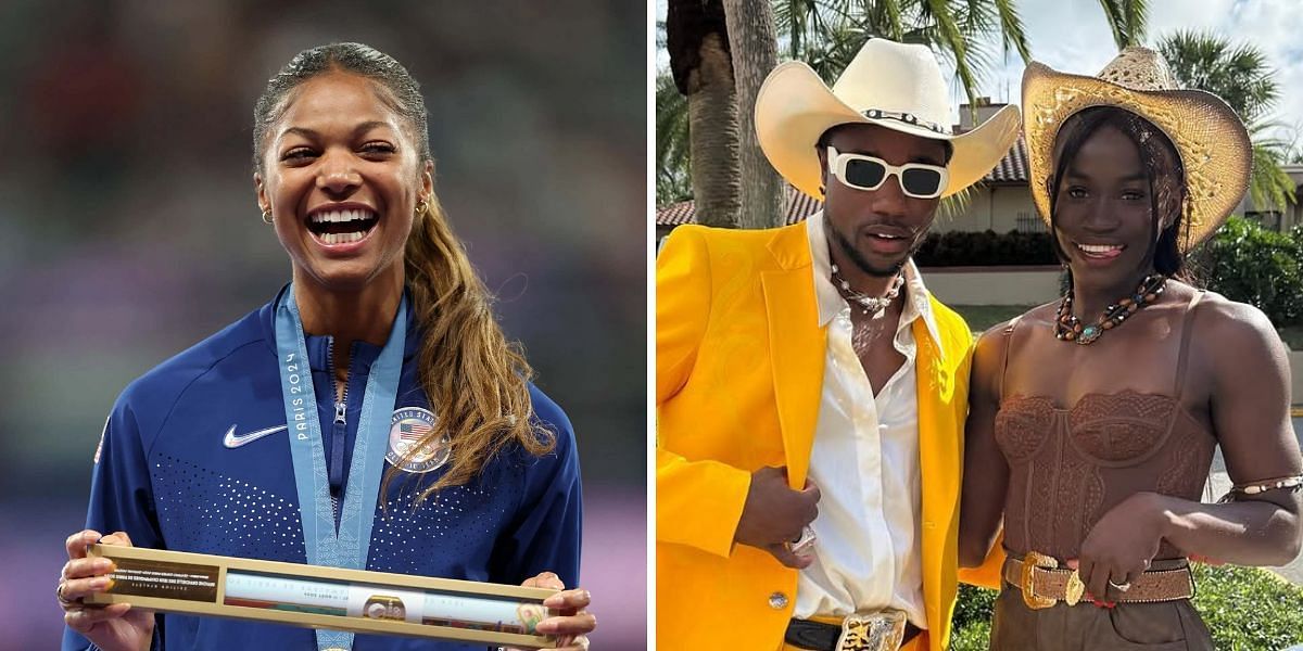 Gabby Thomas sends Christmas gift to Noah Lyles and fianc&eacute;e Junelle Bromfield. PHOTO:  Getty Images (L), Instagram - junellebromfield (R)