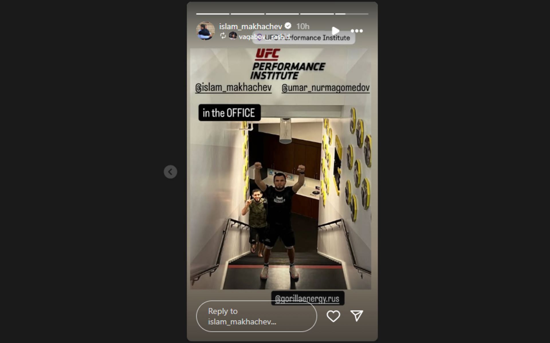 Islam Makhachev uploads an Instagram story with Umar Nurmagomedov