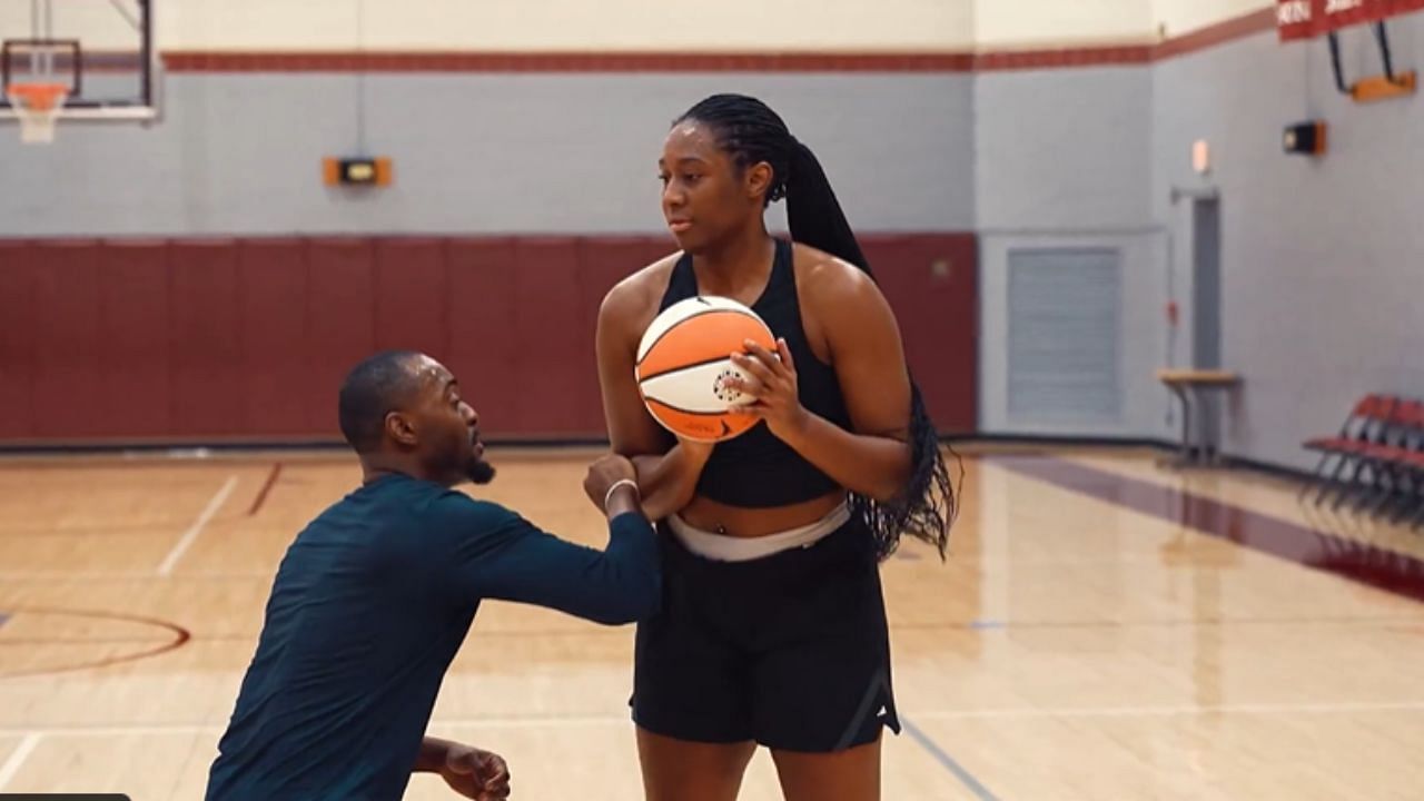 Indiana Fever star Aliyah Boston works out with new player development coach Keith Porter. [photo: @IndianaFever/X]