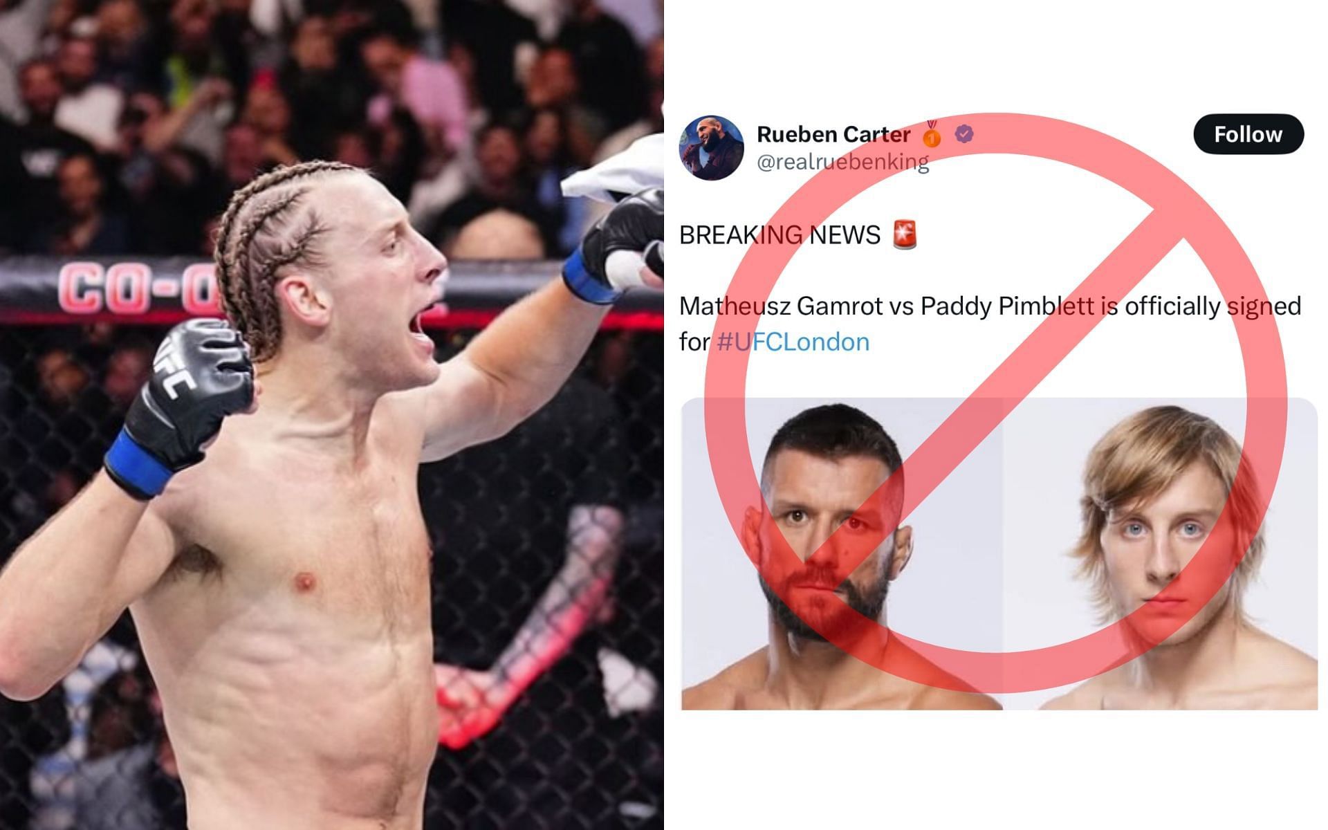 Paddy Pimblett (left), calls out an MMA page (right) on spreading fake news about his fight career. [Image credit: @theufcbaddy on Instagram, @PaddyTheBaddy on X]