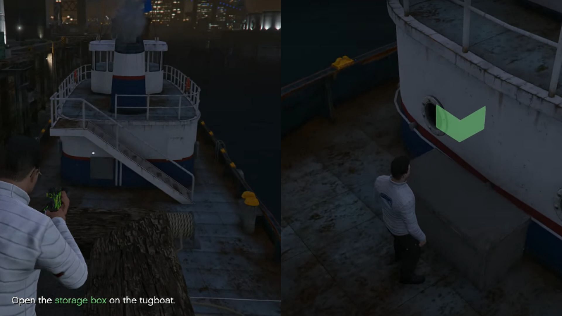 The Tugboat (left) and the Storage Box (right) (Images via Rockstar Games || YouTube/@GTASeriesVideos)