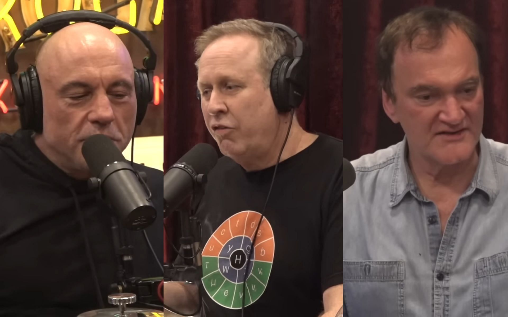 Joe Rogan (left), Roger Avary (center) and Quentin Tarantino (right) discussed the Jan. 6 attacks on the Capitol building. [Images courtesy: PowerfulJRE on YouTube]