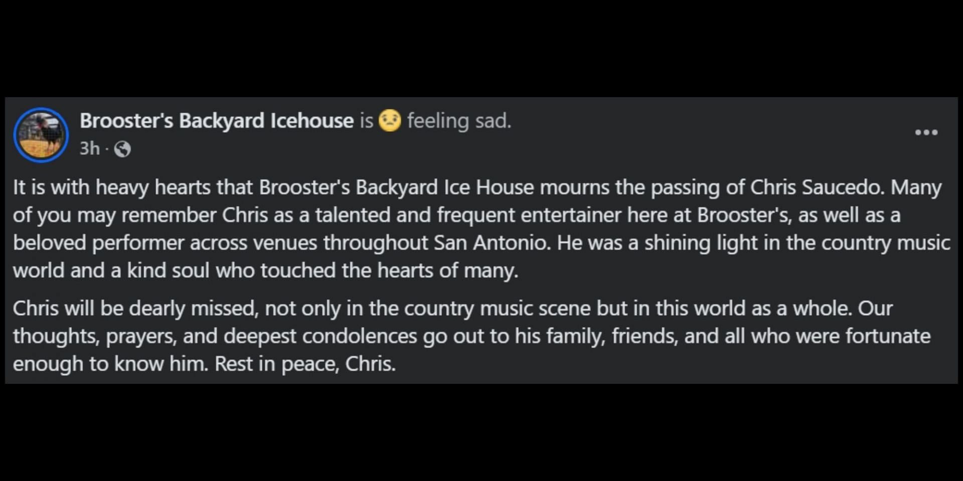 Tributes pour in after Saucedo&#039;s passing. (Image via Facebook/Brooster&#039;s Backyard Icehouse)