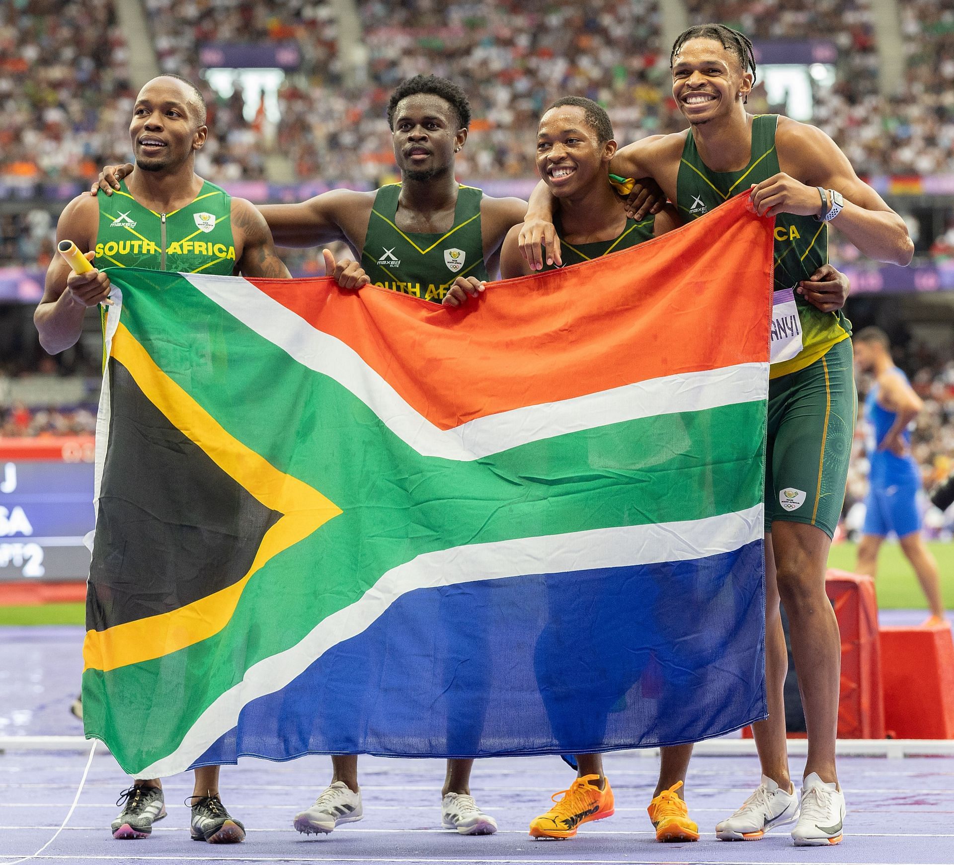 Akani Simbine with his teammates after the men&#039;s 4x100m relay finals at the Paris Olympics [Image Source : Getty]