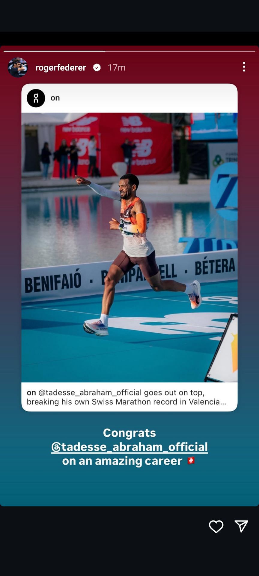 Former world No.1 applauds Tadesse Abraham. source: Instagram