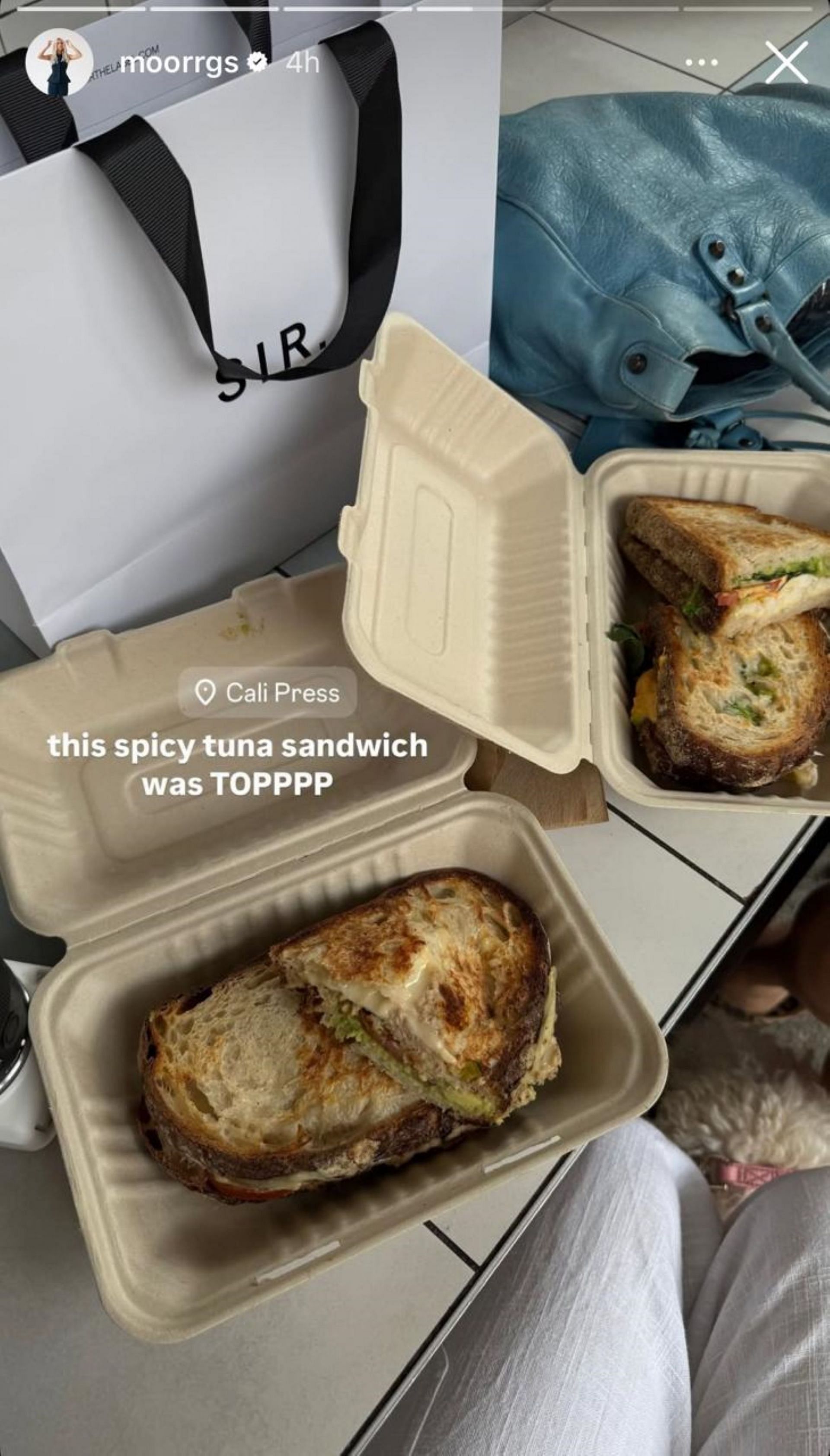 Taylor Fritz&#039;s girlfriend Morgan Riddle enjoying a tuna sandwich; Instagram - @moorrgs