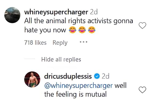 Dricus Du Plessis's reply to the fan's comment on his Instagram post. [Screenshot Courtesy: @dricusduplessis on Instagram]