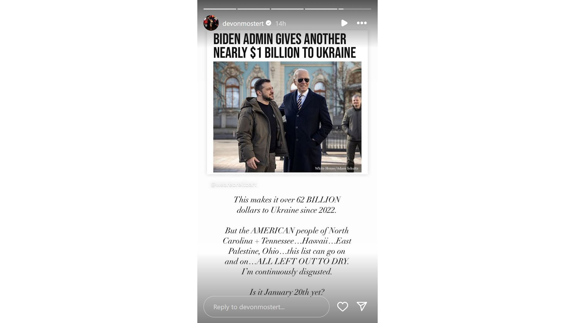 Devon speaks as Joe Biden sends $1B funds to Ukraine [Image credit: @devonmostert IG] 