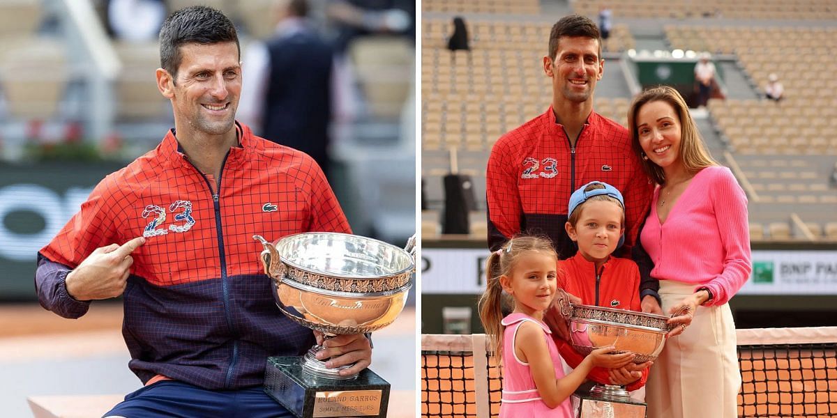 Novak Djokovic (L), Novak Djokovic with daughter Tara, son Stefan and wife Jelena (R), Sources: Getty