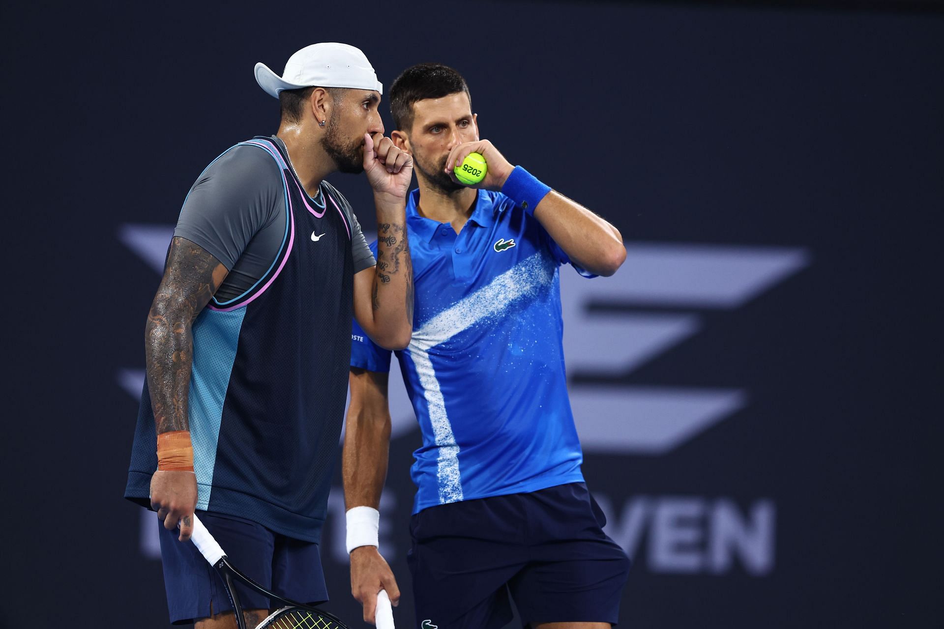 Nick Kyrgios with Novak Djokovic at the Brisbane International 2025. (Photo: Getty)