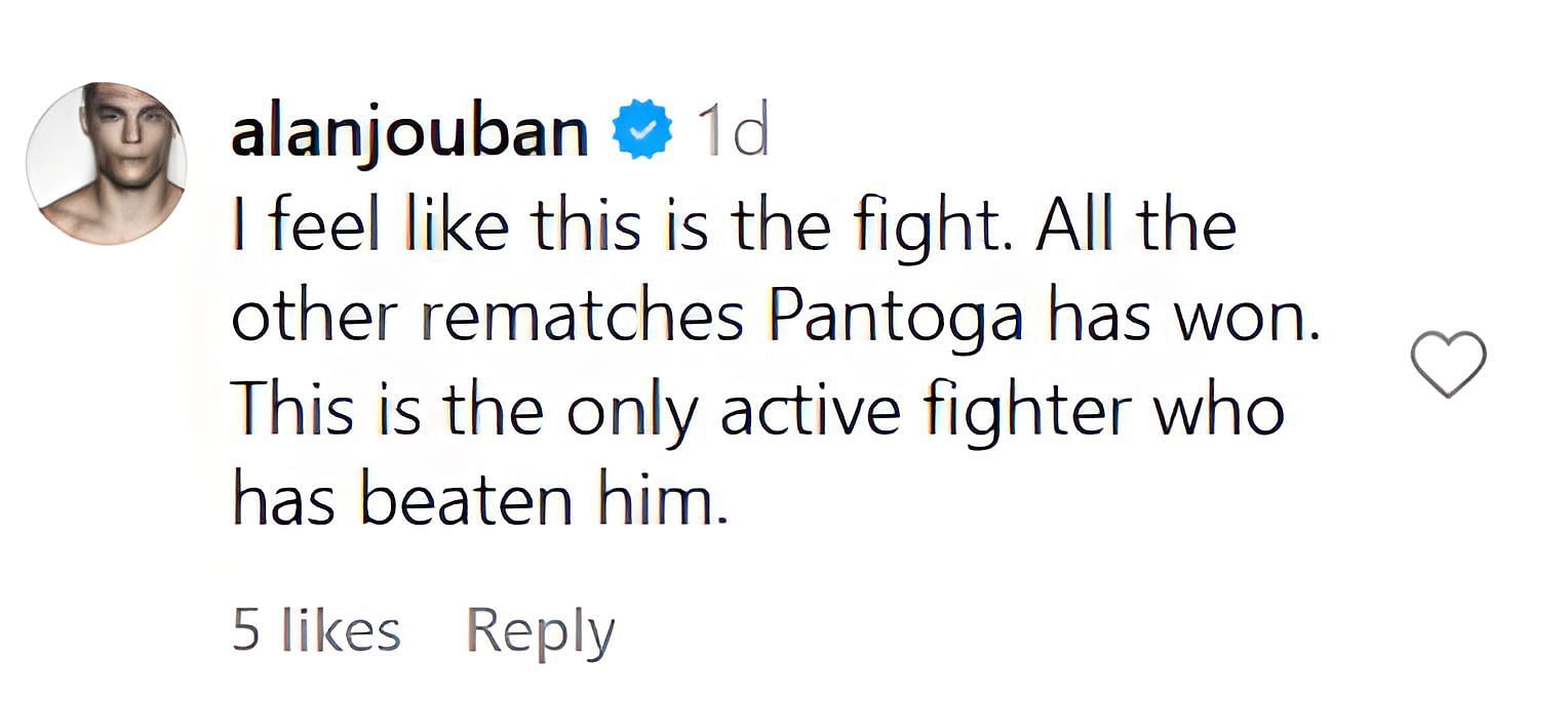 Alan Jouban&#039;s comment on @mmafighting&#039;s Instagram post. [Image Courtesy: @mmafighting on Instagram]