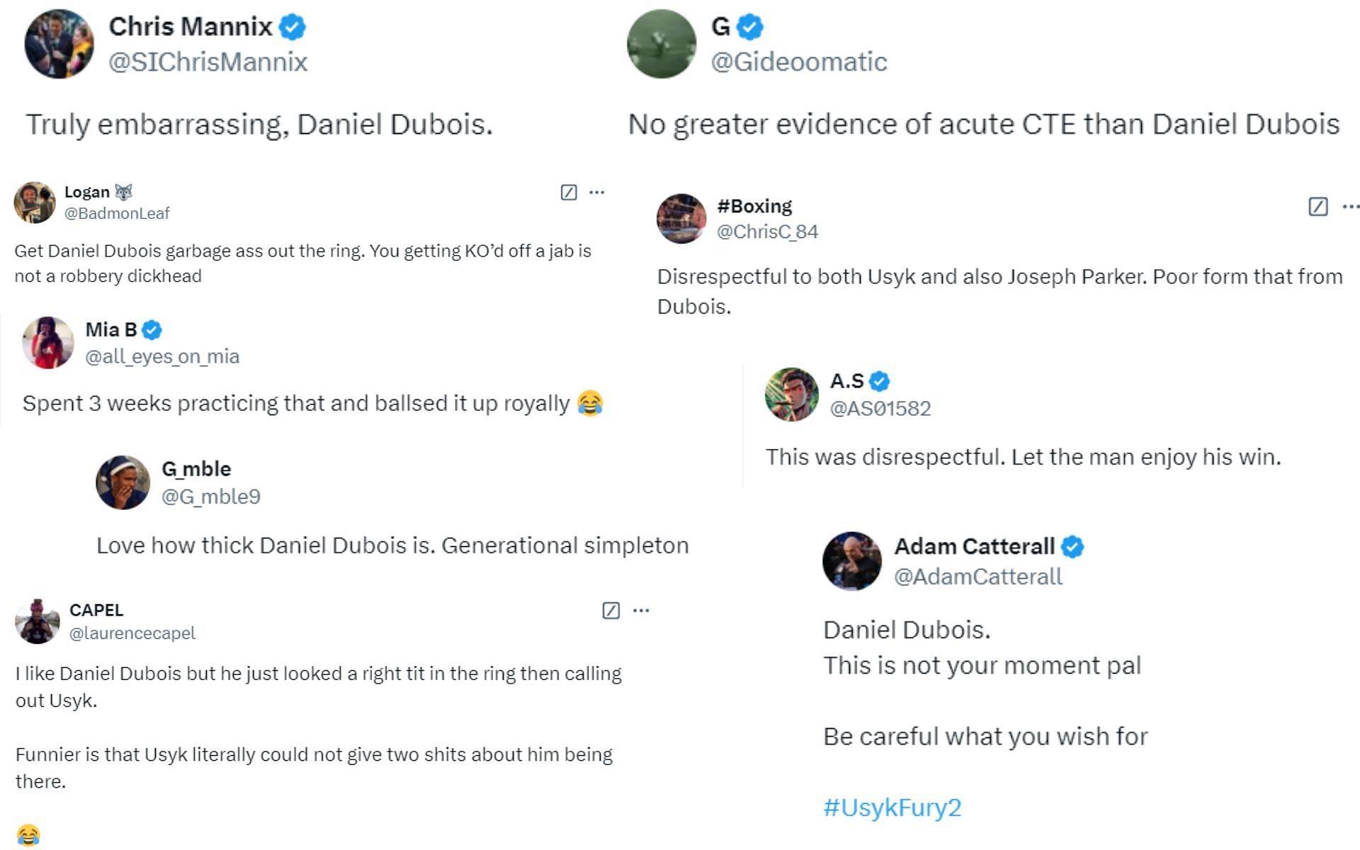 Screenshots of fan reactions to Daniel Dubois&#039; callout