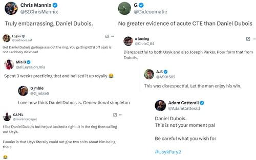 Screenshots of fan reactions to Daniel Dubois' callout