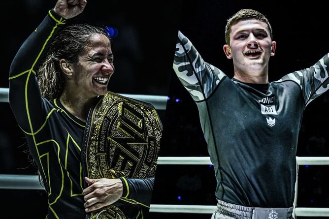 Atomweight queen Mayssa Bastos congratulates AOJ teammate Cole Abate for his stunning ONE Championship debut