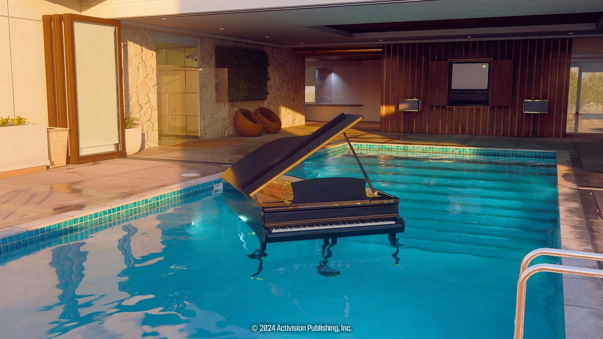 A Piano in the middle of a pool in Prop Hunt in Black Ops 6