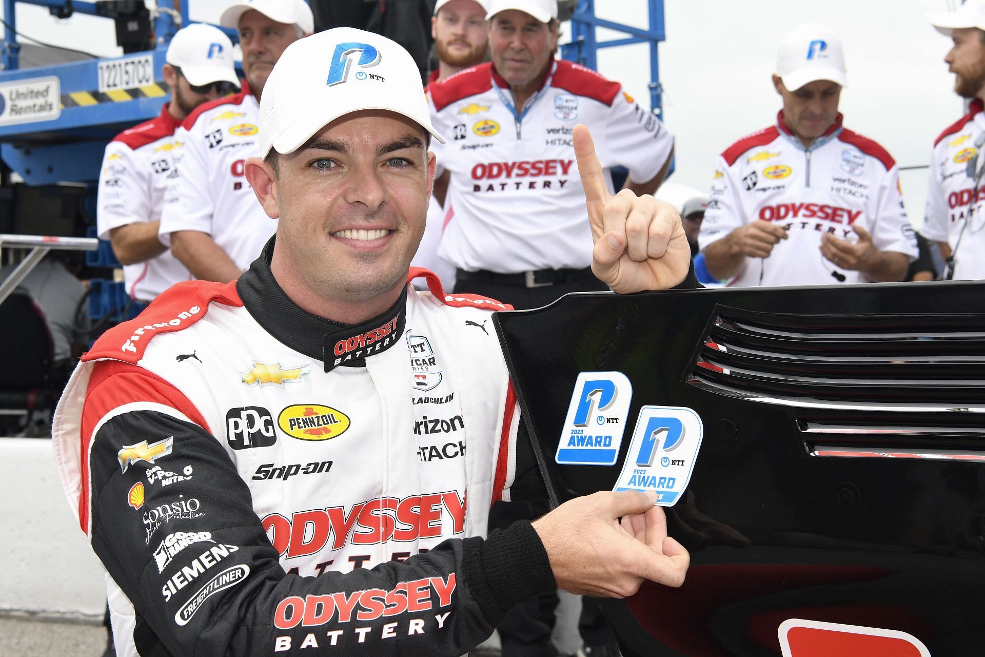 Team Penske&#039;s Scott McLaughlin with the pole position sticker - Source: Getty