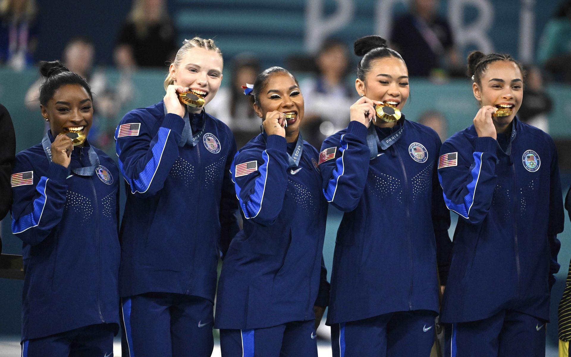 Simone Biles, Jade Carey Jordan Chiles, Hezly Rivera, and Sunisa Lee of the United States during the gymnastics team competition at the 2024 Olympic Games in Paris, France.(Photo via Getty Images)