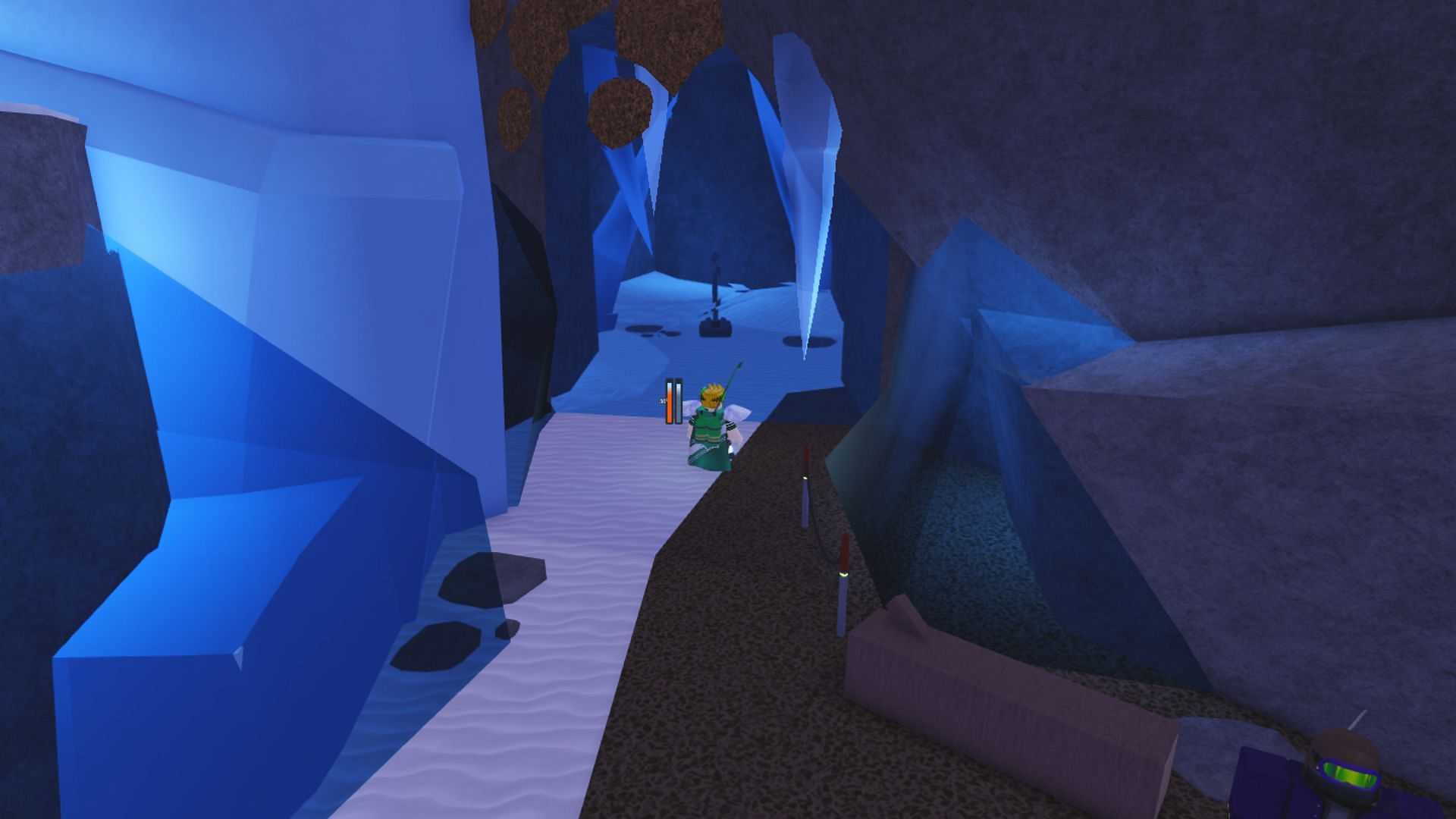 You must use the pickaxe to break the ice wall to reach the lever in Roblox Fisch (Image via Roblox)