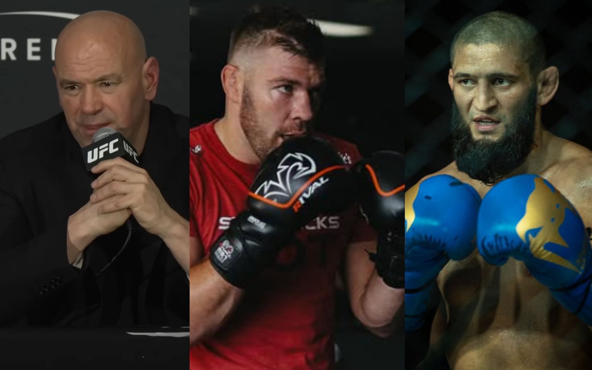 Dana White (left) lambasted a journalist for asking if Dricus du Plessis (center) vs. Khamzat Chimaev (right) was close to getting fnalized. [Images courtesy: UFC YouTube, @dricusduplessis and @khamzat_chimaev on Instagram]