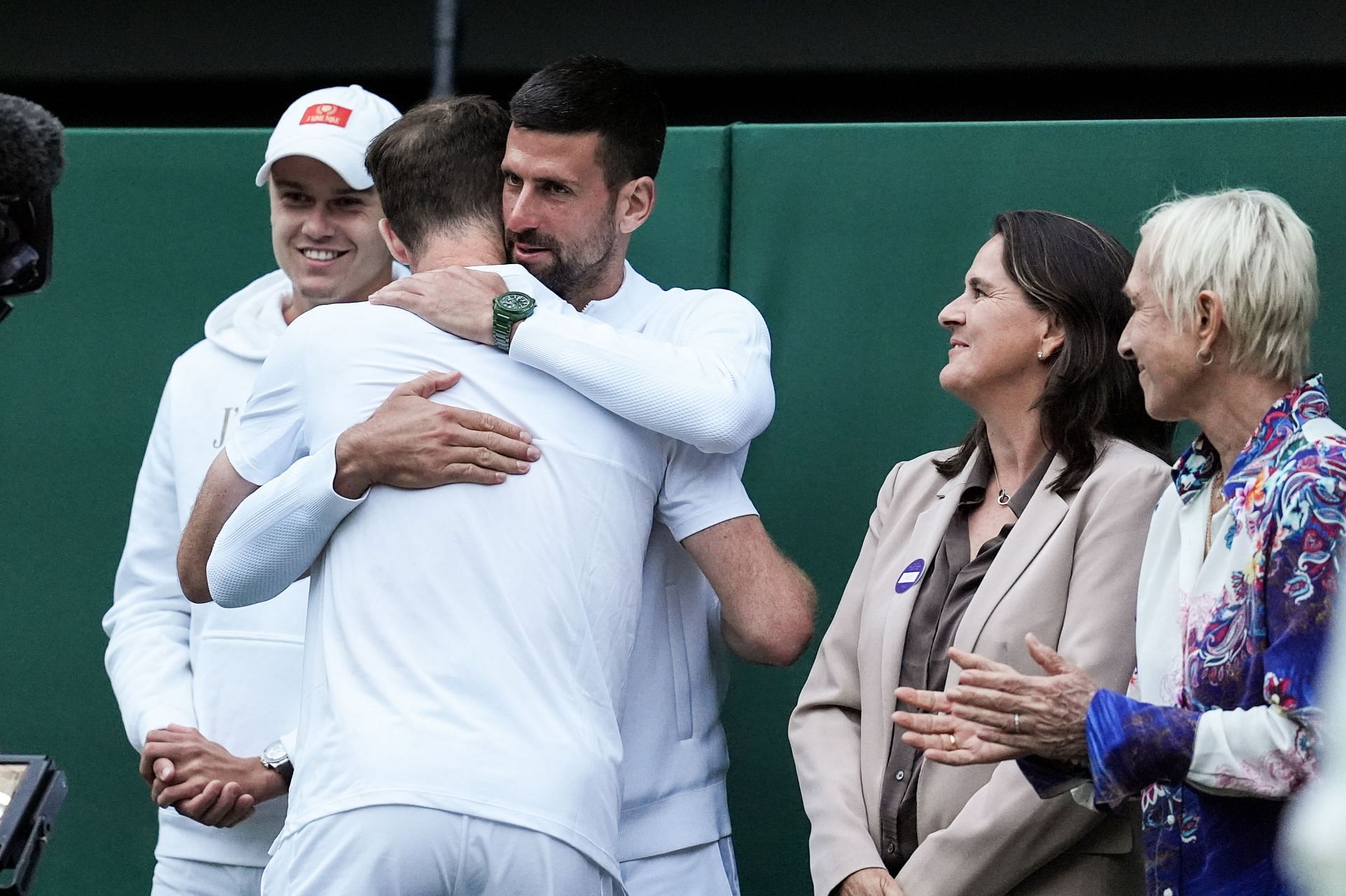 The Serb hugs Andy Murray during the latter&#039;s farewell ceremony at the 2024 Wimbledon Championships - Image Source: Getty