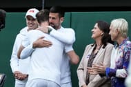 The Serb hugs Andy Murray during the latter's farewell ceremony at the 2024 Wimbledon Championships - Image Source: Getty