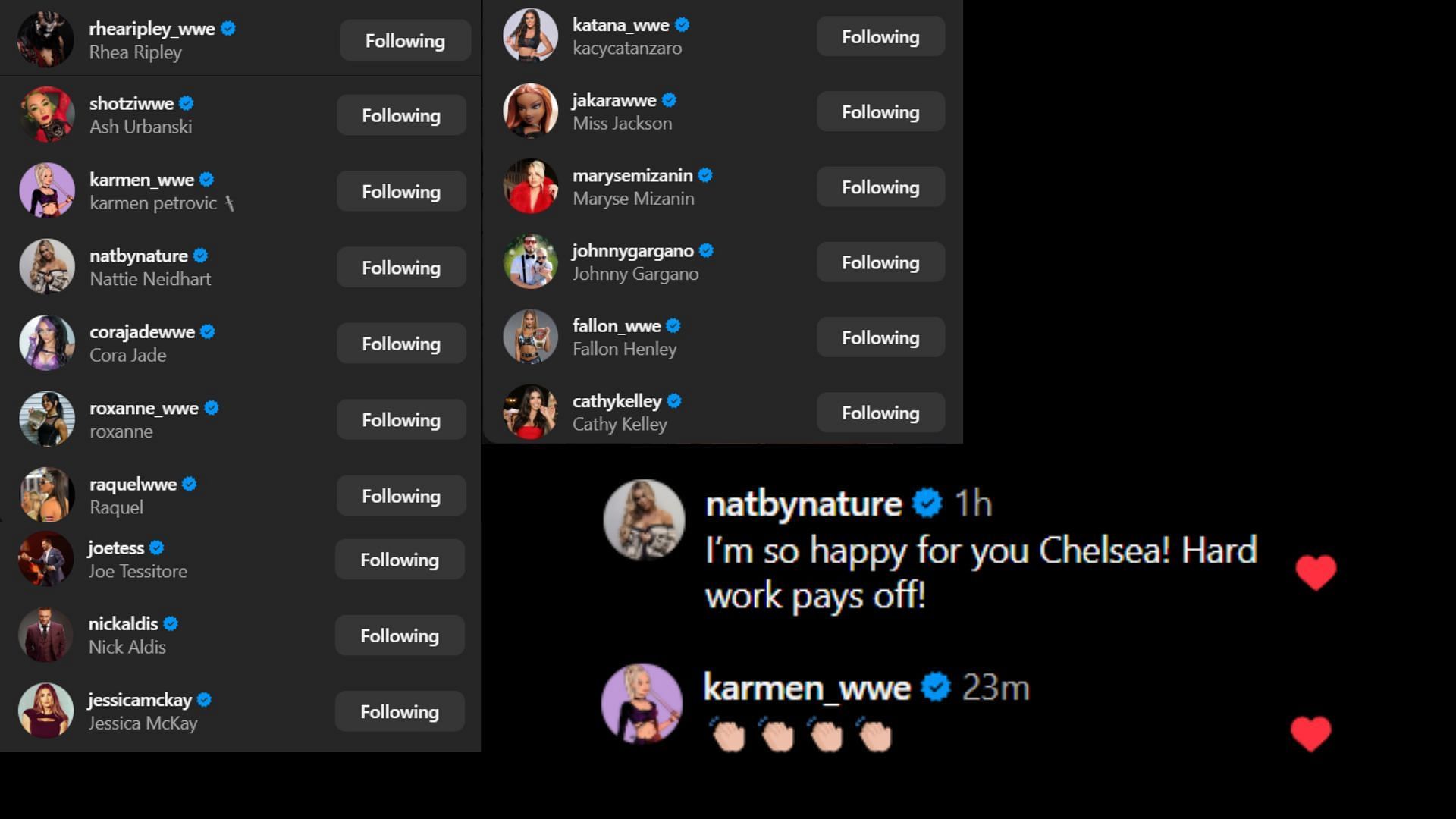 Screenshots of stars&#039; likes and comments after Chelsea Green&#039;s win [Image credits: Triple H&#039;s Instagram handle]