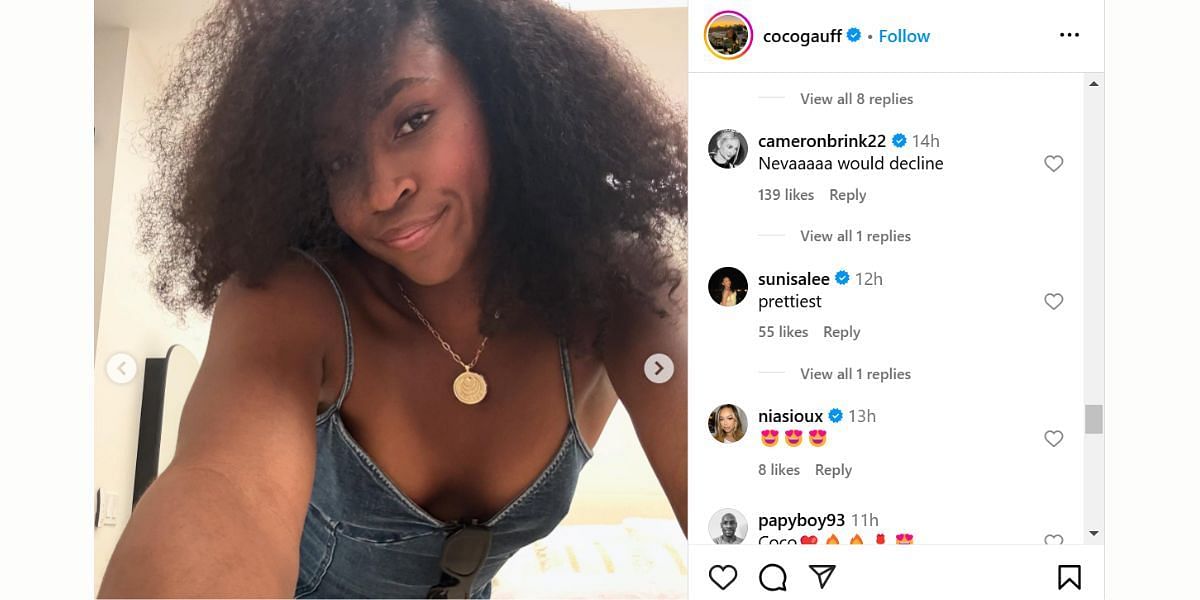 Cameron Brink and Suni Lee&#039;s comment on Coco Gauff&#039;s post (Image: Instagram @cocogauff)