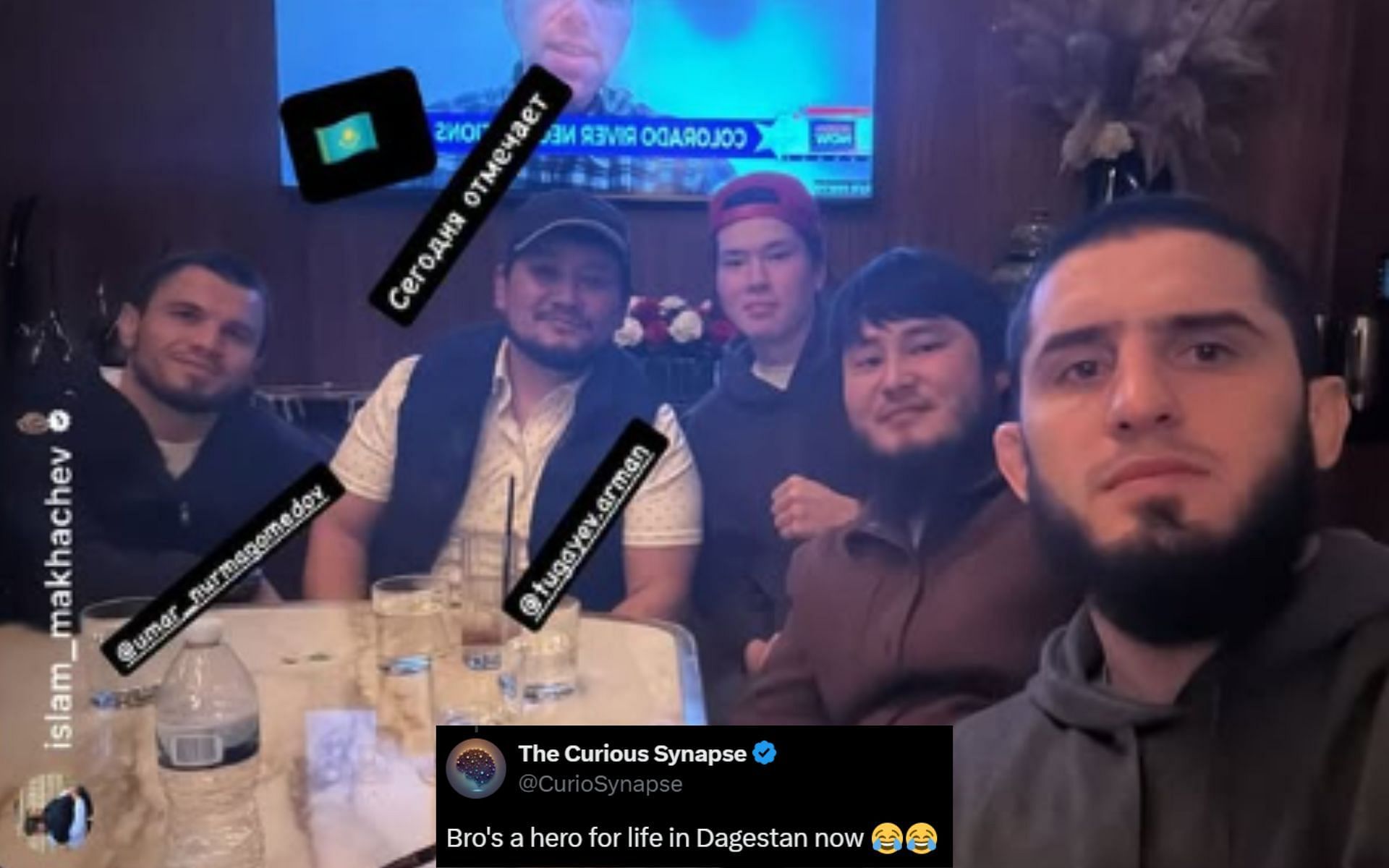 Umar Nurmagomedov (left) and Islam Makhachev (right) hang out with fan involved in altercation with Merab Dvalishvili [Image credits: Getty Images]