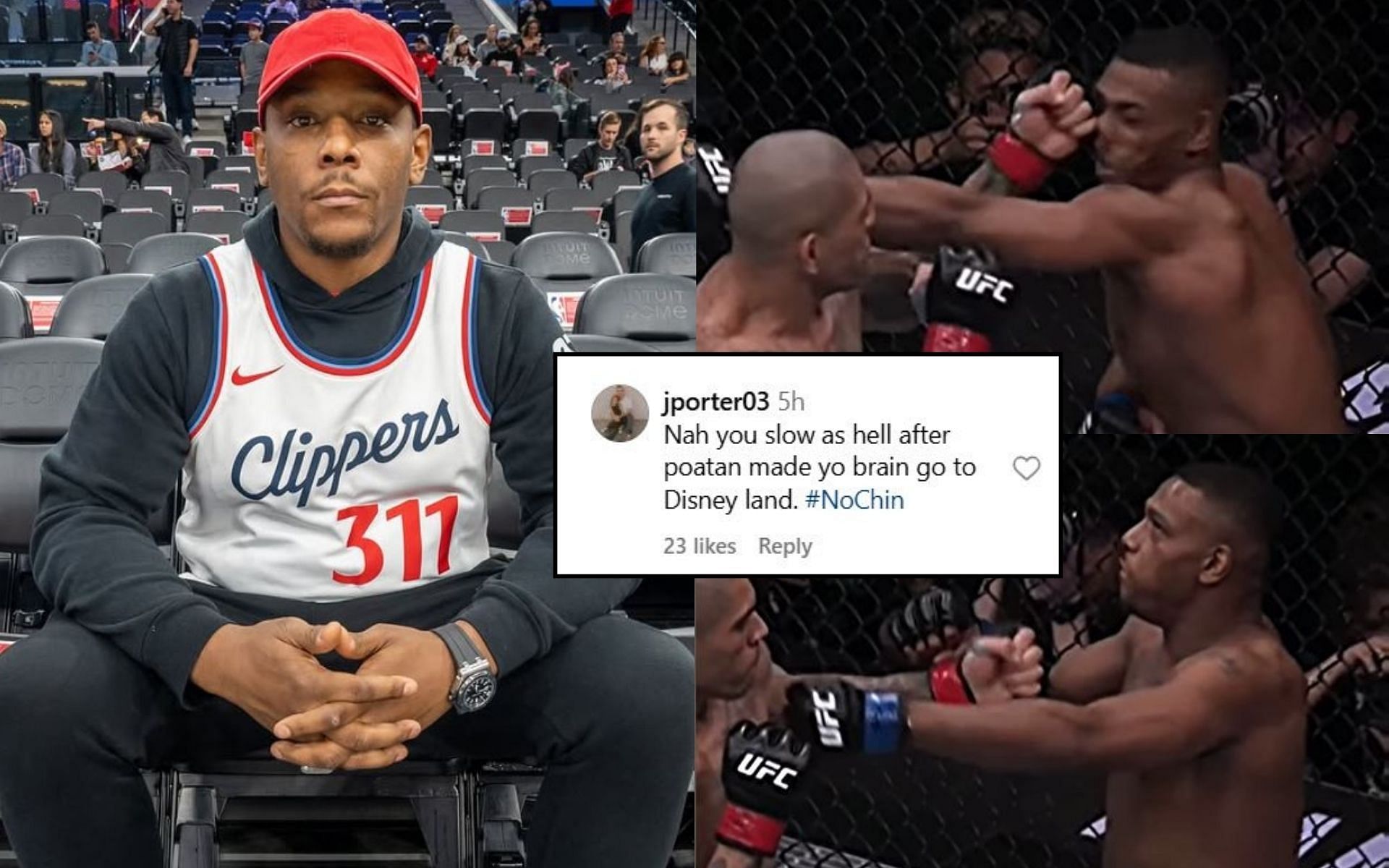 Jamahal Hill (left) fires back at a fan (insert) for mocking him about getting knocked out by Alex Pereira (right). [Image credit: @sweet_dreams_jhill, @alexpereiramma on Instagram]