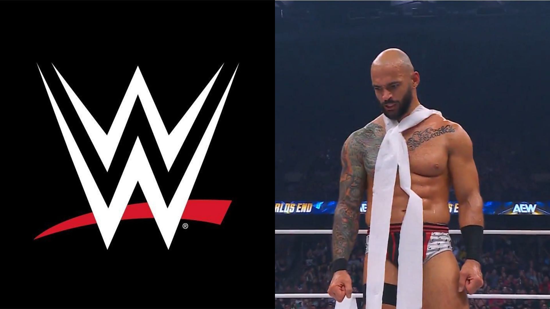 WWE logo (left) and Ricochet (right). (Image credits: AEW Twitter page &amp; WWE Facebook page)