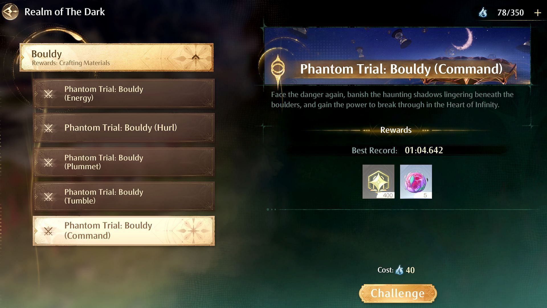 Complete Phantom Trial: Bouldy (Command) Challenges to get Bedrock Crystal: Command (Image via Infold Games)