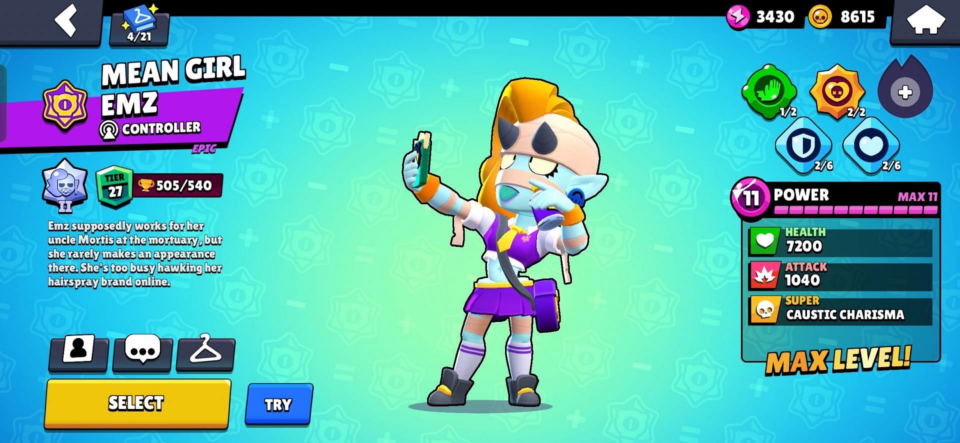 In Brawl Stars, Emz can control choke points, making her a good choice in Hot Zone and Gem Grab (Image via Supercell)