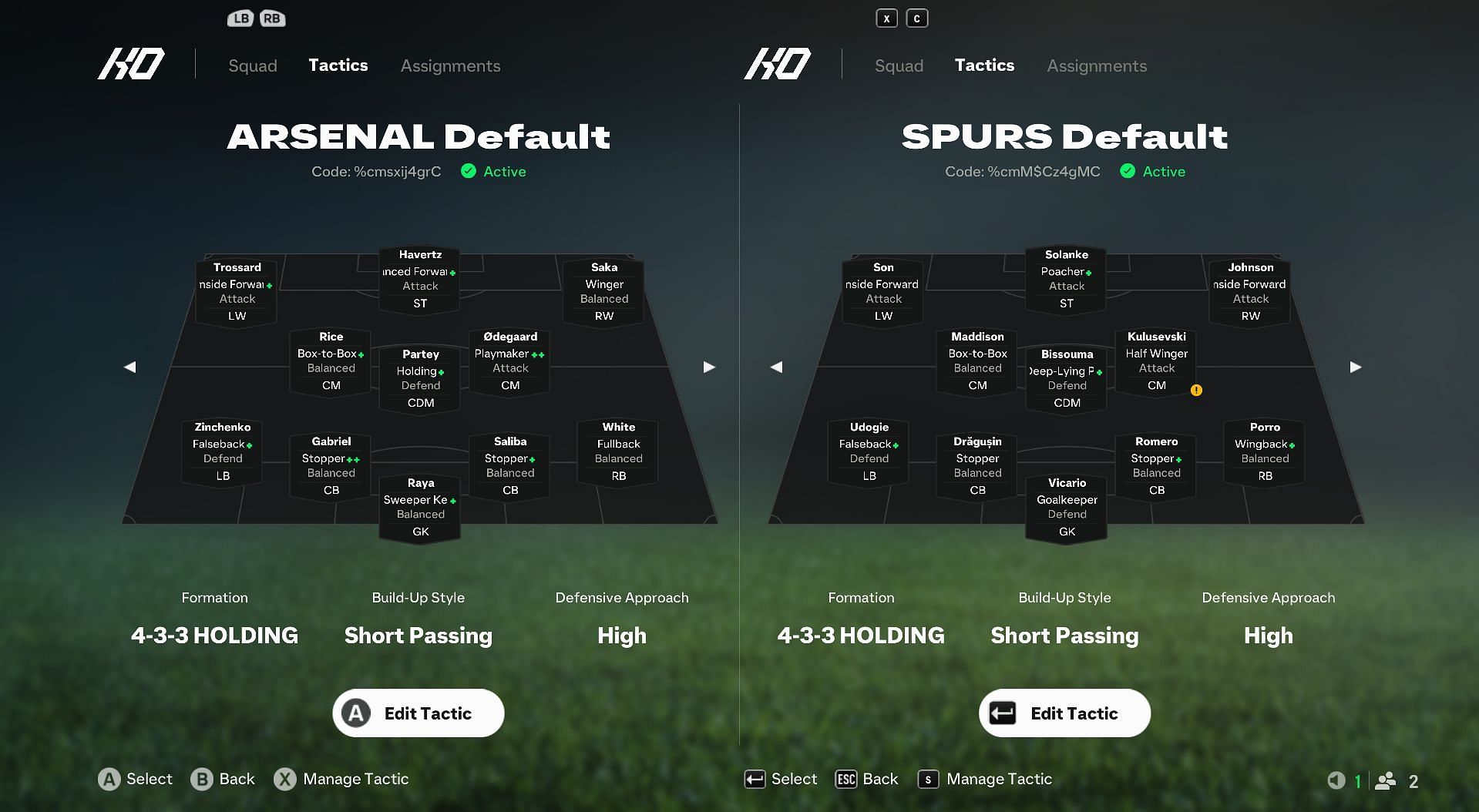 Arsenal vs Spurs: Preset EA FC 25 Tactics comparison (Image via EA Sports)