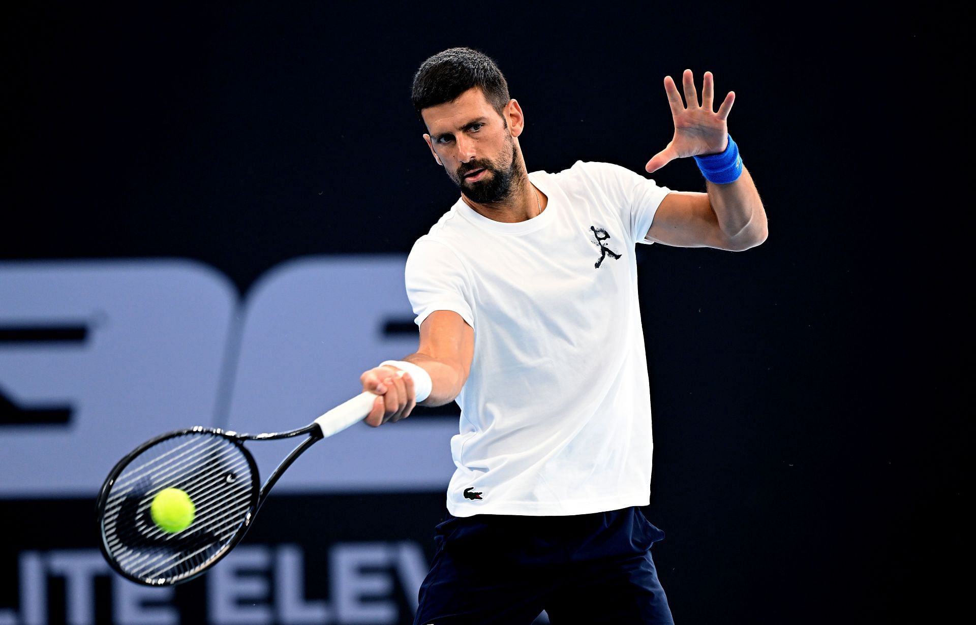 Novak Djokovic practices ahead of the 2025 Brisbane International at Pat Rafter Arena - Source: Getty