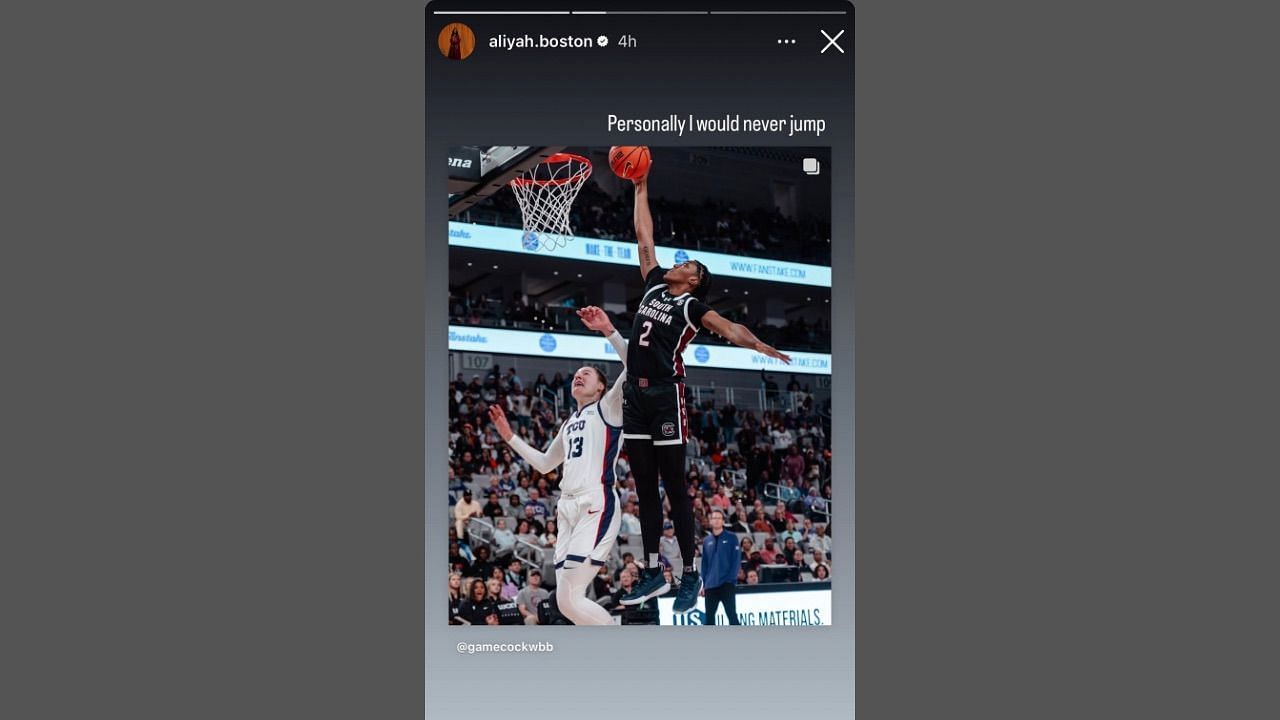 Aliyah Boston comments on Ashlyn Watkins&#039;s dunk (image via Instagram story @aliyah.boston)