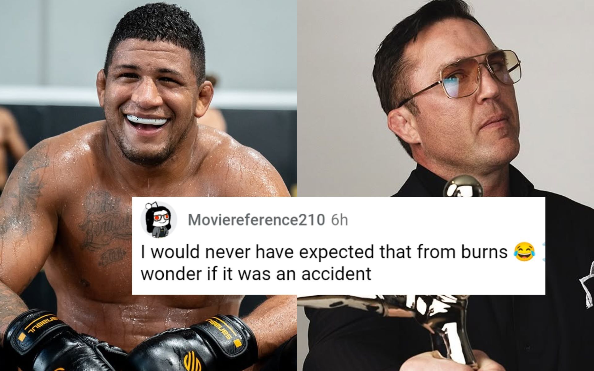 Fans react as Chael Sonnen (right) responds to fans after having his number leaked by Gilbert Burns (left). [Image courtesy: @gilbert_burns and @fightersonlymag on Instagram]