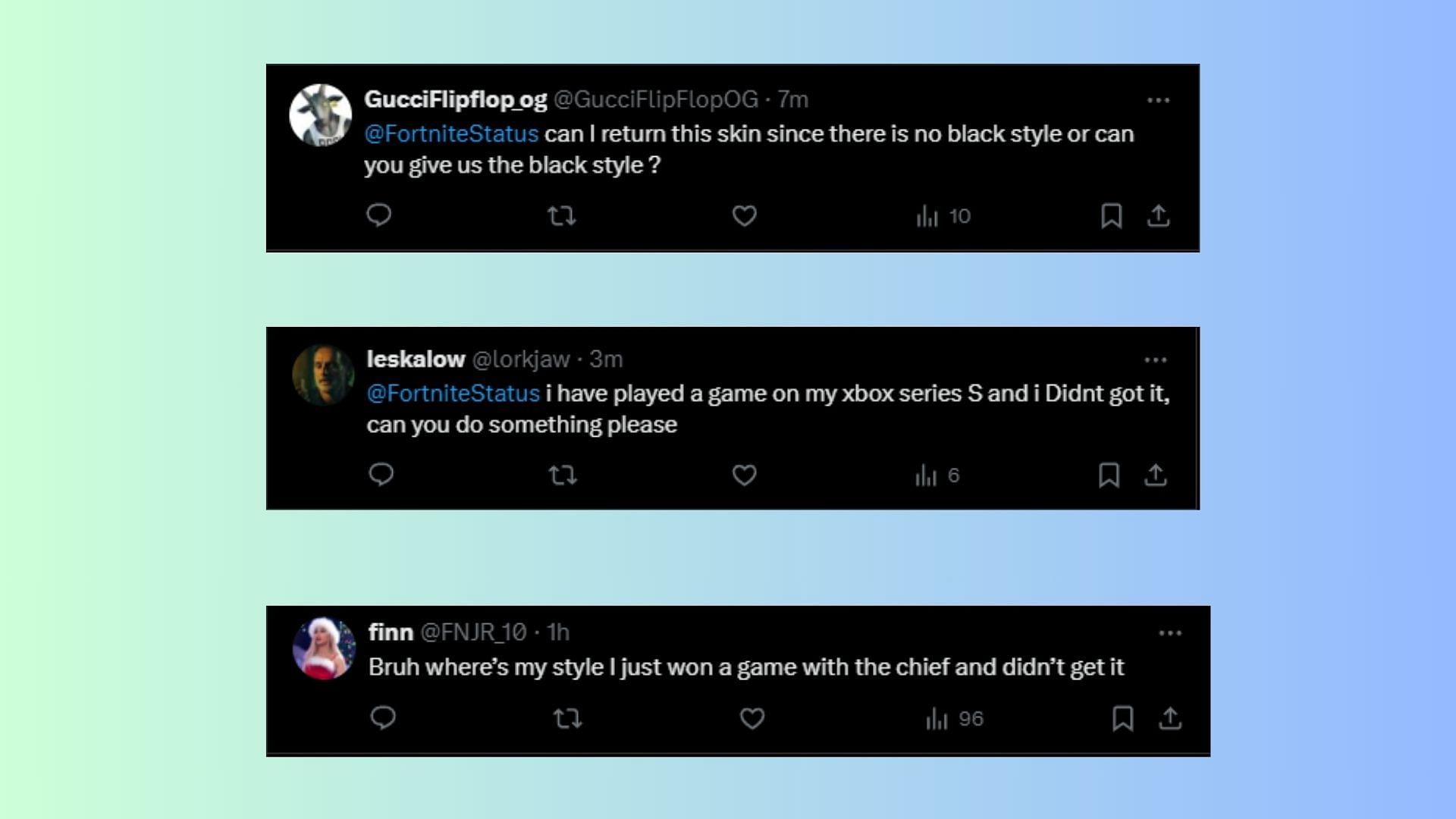 Fans are clearly unhappy at not receiving the Fortnite Master Chief Matte Black Style (Image via X/@FortniteStatus)