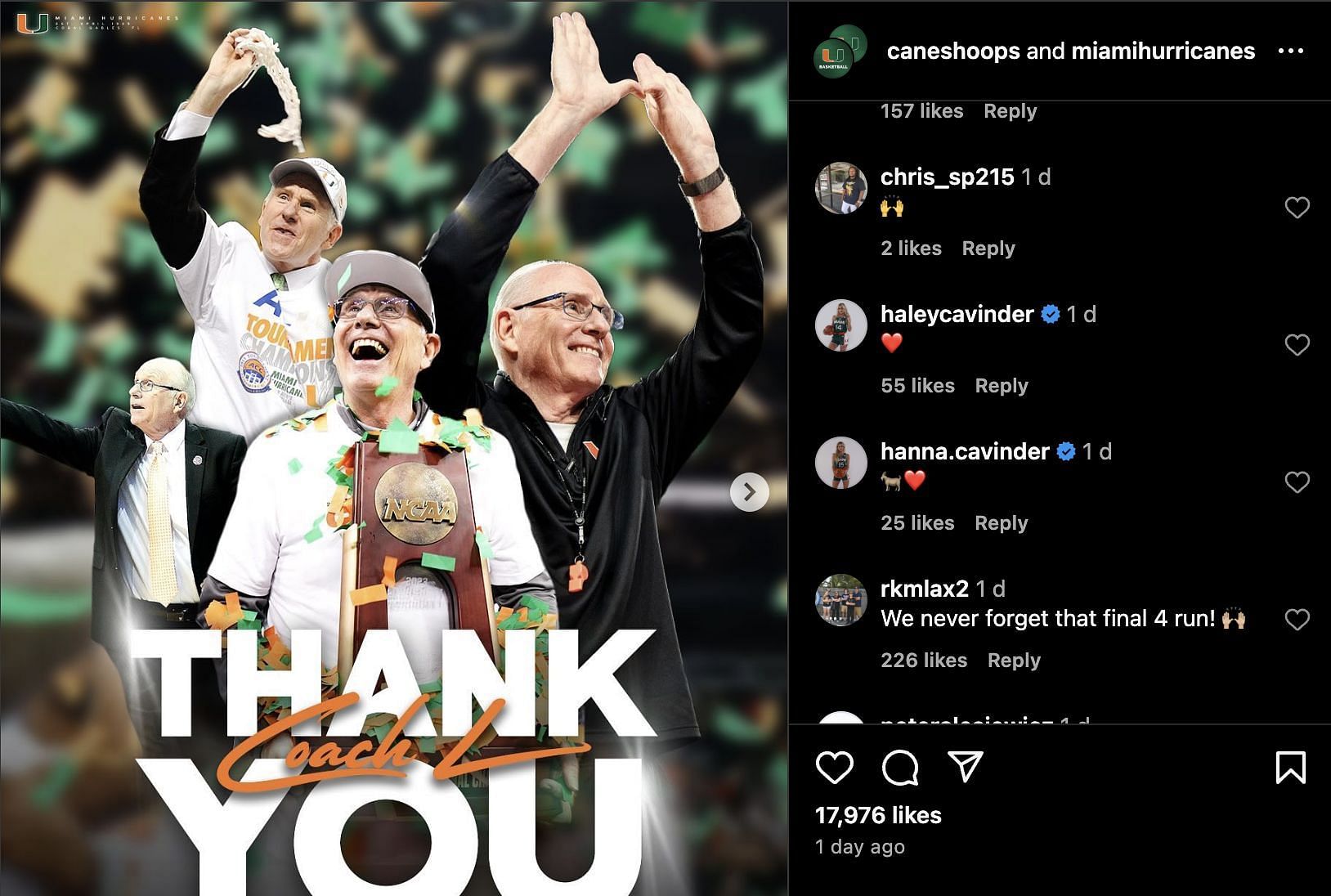 Hanna and Haley Cavinder&#039;s reaction to Larranaga&#039;s announcement (Image Credits: Instagram/@caneshoops) Hanna and Haley Cavinder