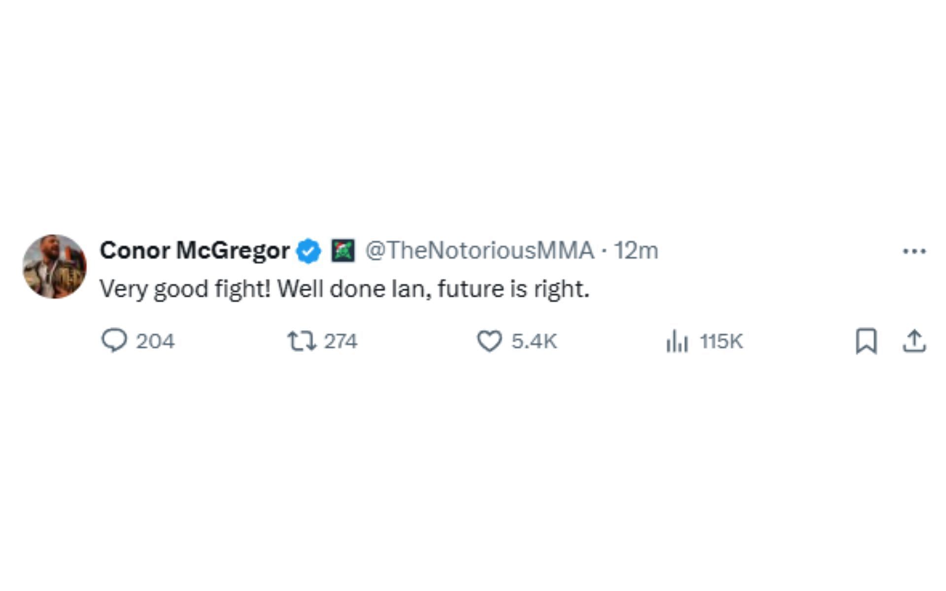 Screenshot of Conor McGregor&#039;s X post