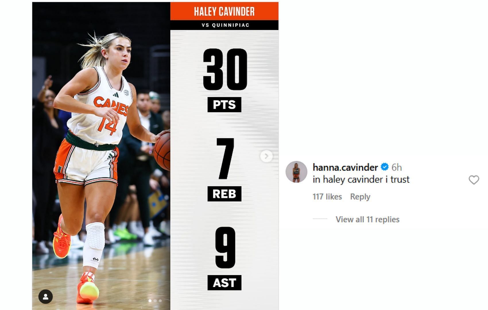 Hanna Cavinder's comment for her sister Haley