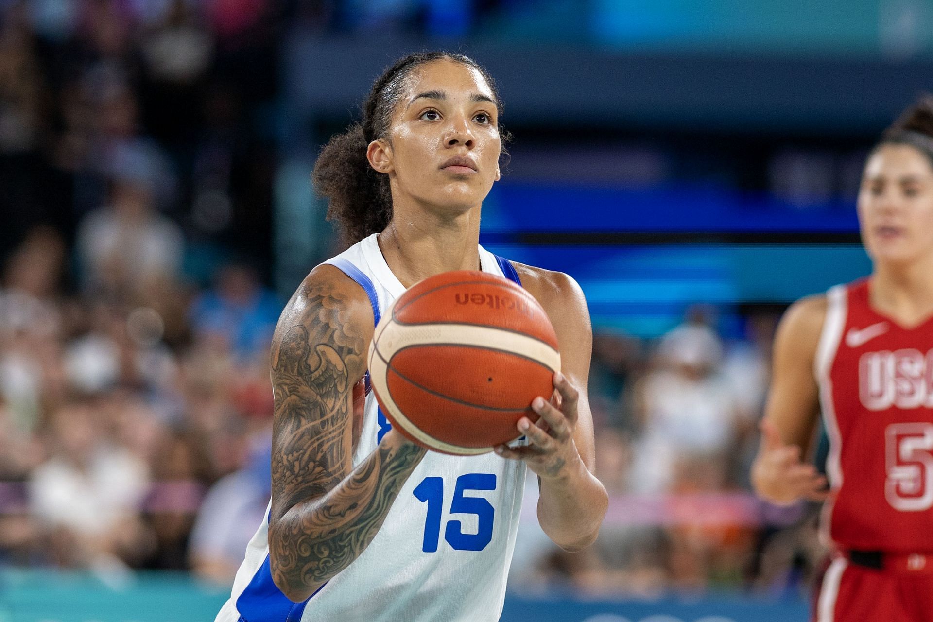 Gabby Williams #15 of Team France in action during the USA vs. France Women&#039;s Basketball Gold Medal game at the Paris 2024 Summer Olympic Games. (Credits: Getty)