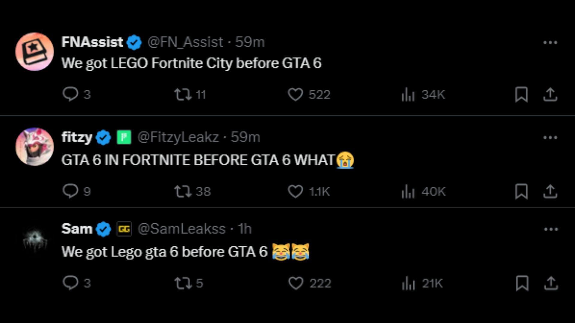 Fans react to LEGO Fortnite&#039;s Grand Theft Auto 6-inspired post 1/2 (Images via X)