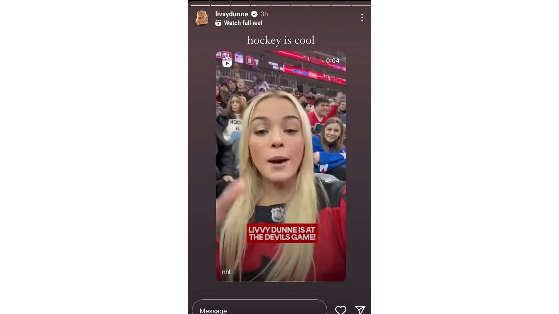 Olivia Dunne&#039;s Instagram story covering her appearance at the Devils game (Souce: Instagram @livvydunne)