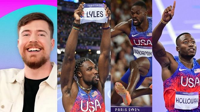 MrBeast reacts as he makes an appearance in Noah Lyles, Rai Benjamin and Grant Holloway led podcast