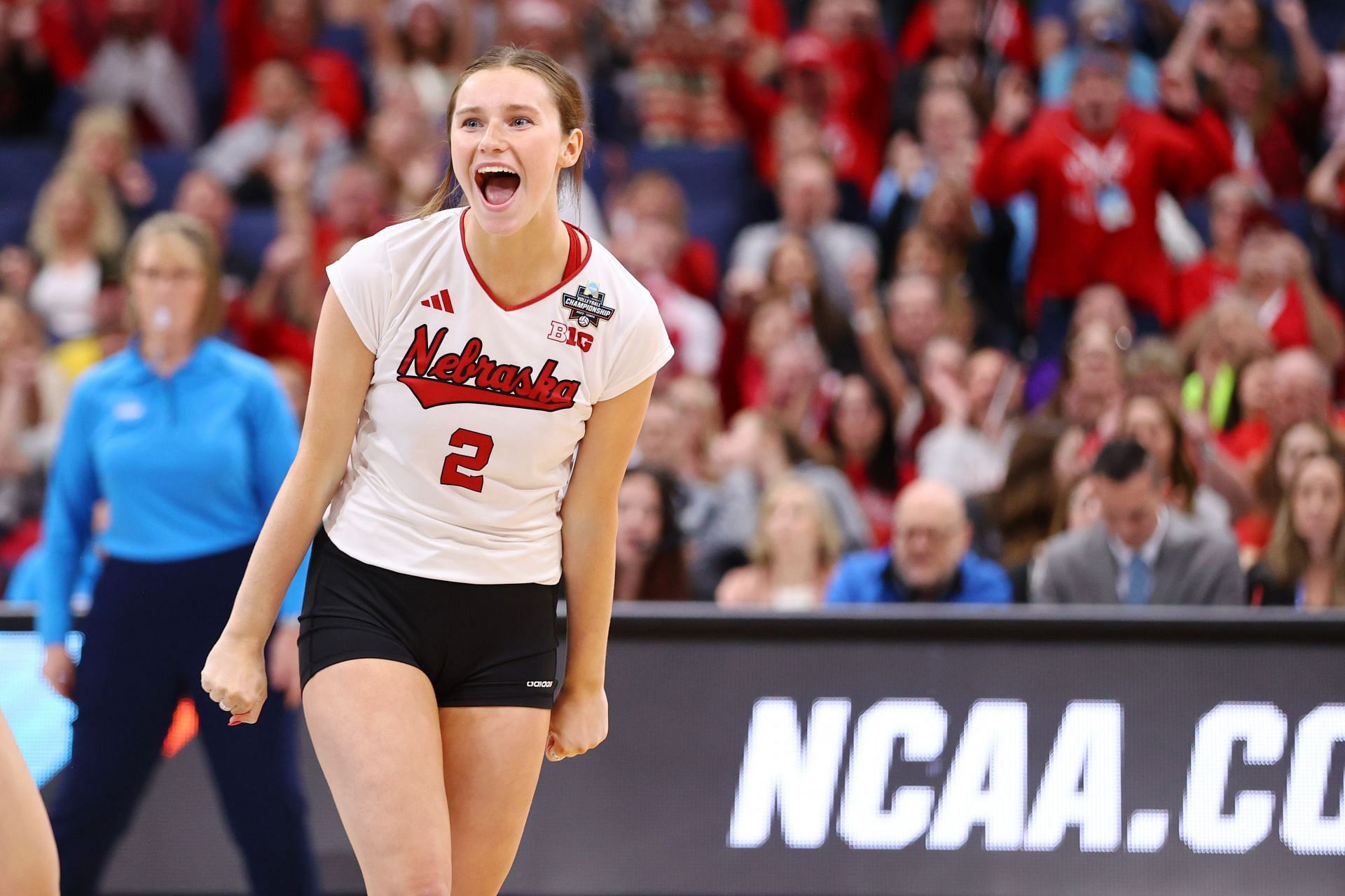 Bergen Reilly celebrates after a point at the 2023 Division I Women&#039;s Volleyball Championship - Source: Getty