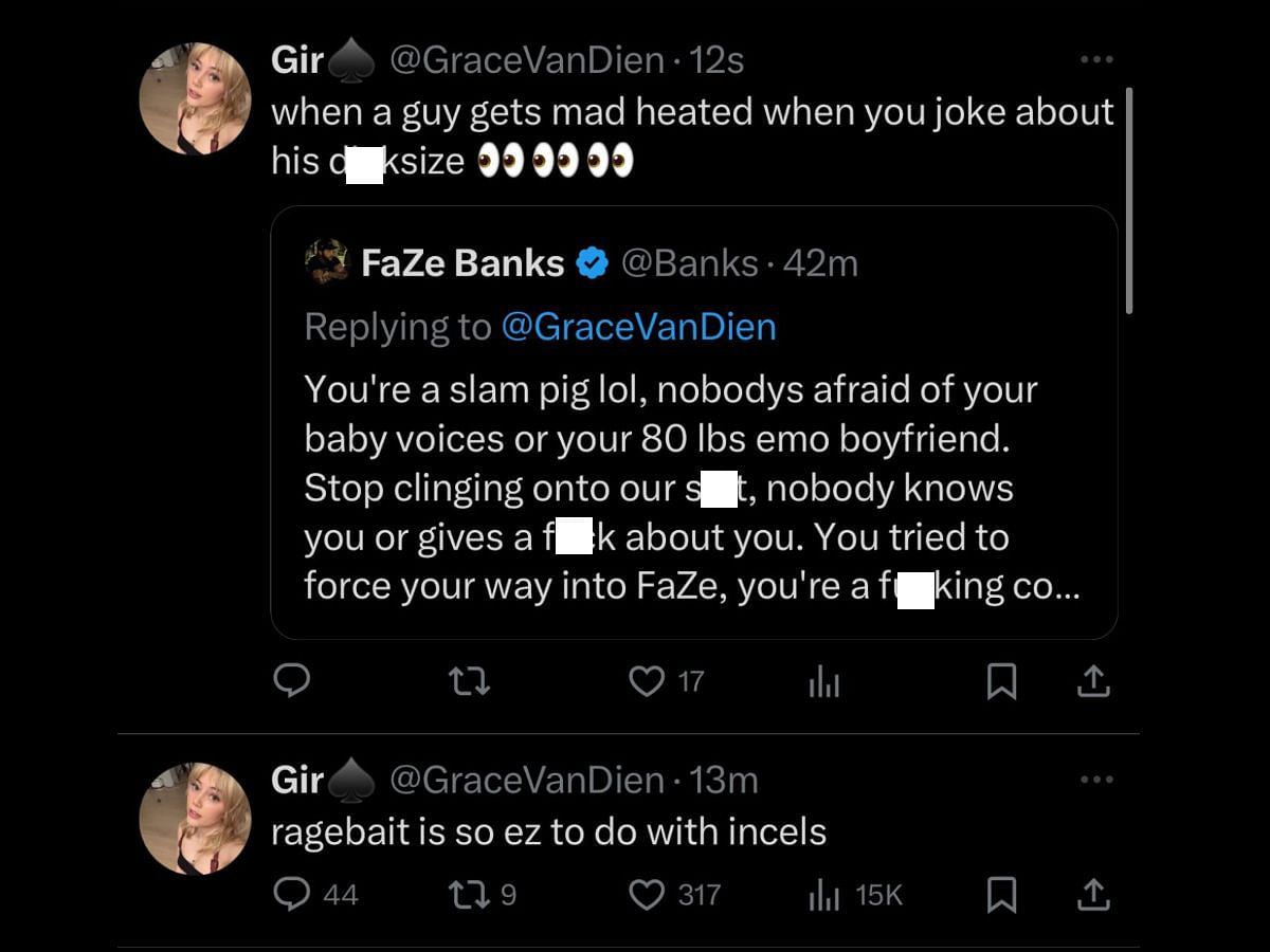 Grace labels the FaZe members as &quot;incels&quot; (Image via X/Grace Van Dien)