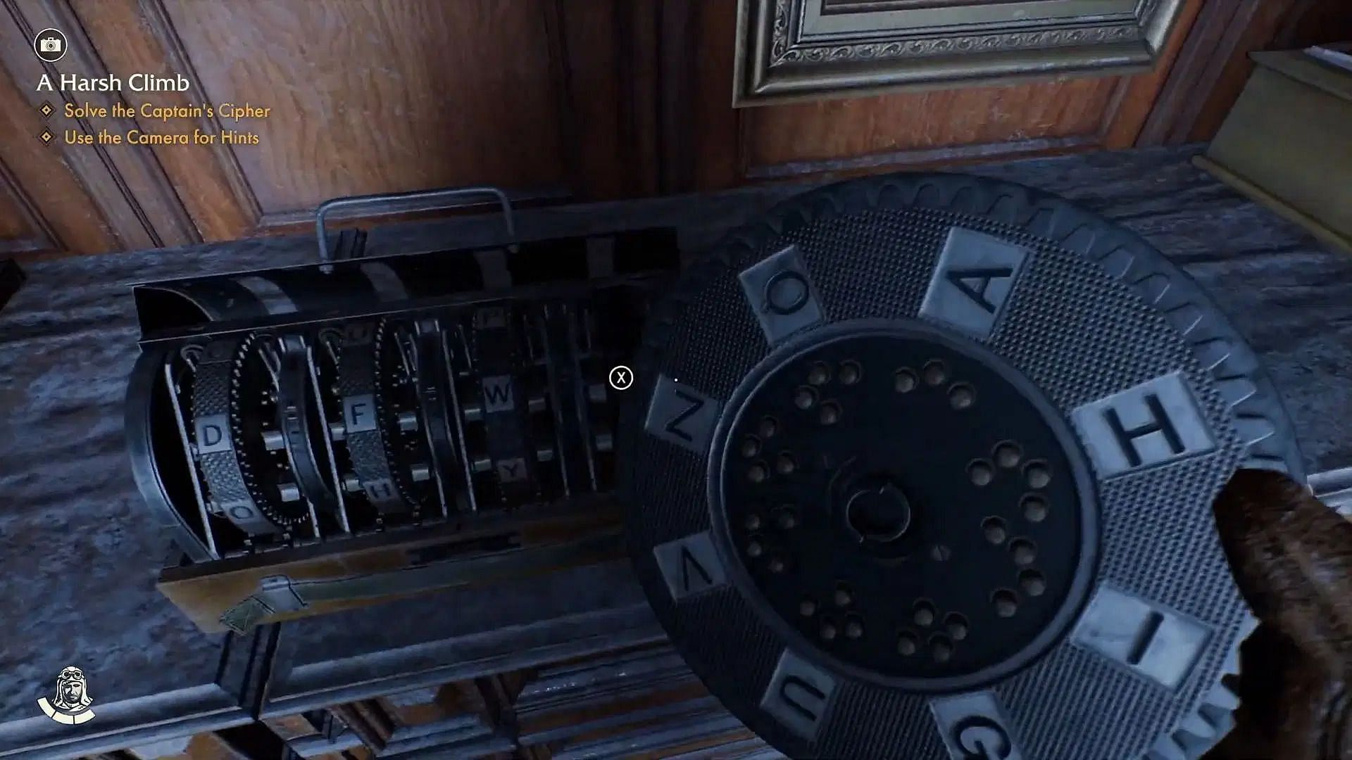 Each wheel has one of the unique letters mentioned in the captain&#039;s code. In this instance, this code wheel has the letter G (Image via Bethesda)